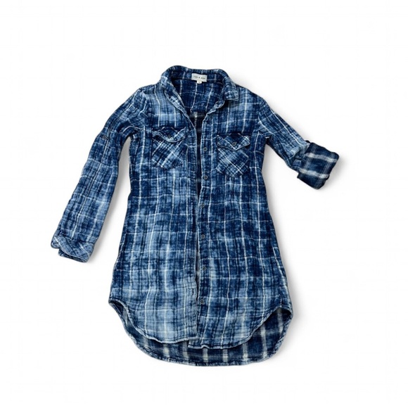 Anthropologie Plaid Shirt Dress Blue Cotton Button-Up XS - Picture 4 of 7